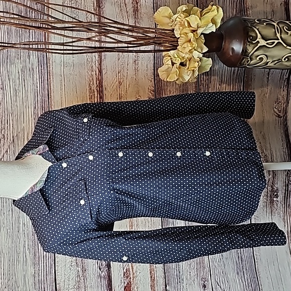 TOMMY HILFIGER NAVY WHITE POLKA DOT LONG ROLL-TAB SLEEVE BUTTON-UP BLOUSE - Picture 1 of 16